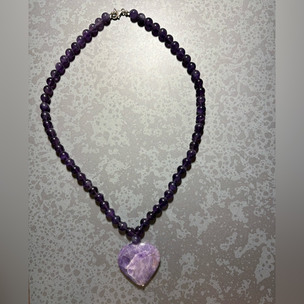 8mm Round Bead Strand & Heart Shape Amethyst Drop Sterling Silver Necklace